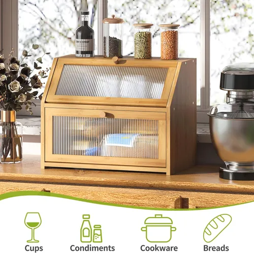 Miniatura 5 de BMOSU Panera grande para encimera de cocina, panera de doble capa para encimera de cocina, panera de madera de bambú con capacidad de almacenamiento