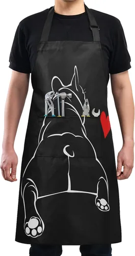 Miniatura 4 de ALAZA Bulldog - Delantal negro para cachorros franceses para hombres y mujeres, chef con bolsillos para cocina, barbacoa, regalos de trabajo, correa