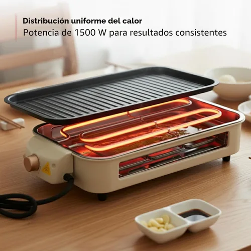 Miniatura 4 de OVENTE Parrilla eléctrica 2 en 1 para interior, parrilla coreana sin humo de 1500W con placa de cocción extraíble antiadherente, 3 sartenes