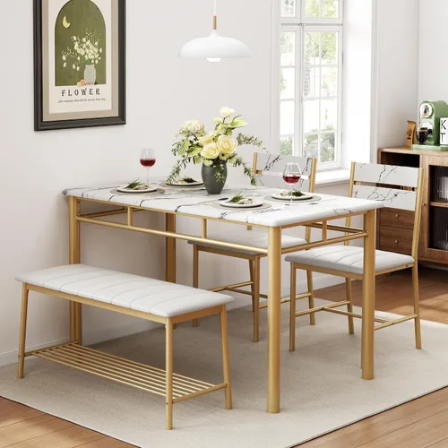 Miniatura 4 de Conjunto de mesa de comedor IRONCK para 4, mesa de cocina con banco tapizado y 2 sillas, juego de mesa y sillas de cocina para espacios pequeños