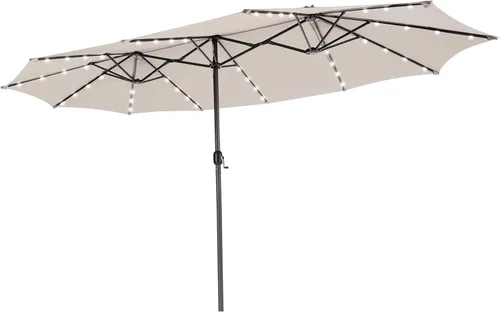 Tangkula Sombrilla solar de patio de 15 pies, sombrilla de doble cara extra grande para mesa de mercado al aire libre con 48 luces LED, mango de