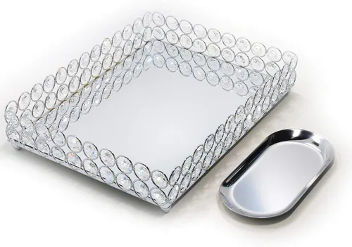 Miniatura 8 de Bandeja decorativa de cristal de metal con espejo para perfumes, organizador de cosméticos, bandeja de almacenamiento para joyas, bandejas