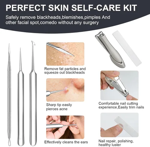 Miniatura 5 de Kit de herramientas de eliminación de espinillas de acero inoxidable tratado térmicamente, 12 piezas, extractor de comedona para acné facial