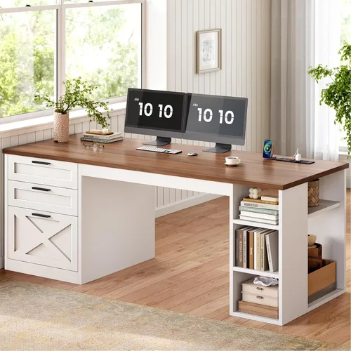 Miniatura 17 de SEDETA - Escritorio de 67 pulgadas en forma de L con gabinete, escritorios de oficina en casa con cajones y puertas correderas, escritorio esquinero