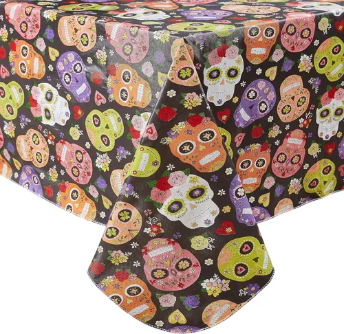 Miniatura 4 de Newbridge Mantel de vinilo con parte trasera de franela para fiesta y fiesta de calavera de azúcar, mantel de vinilo con máscara de esqueleto otomí