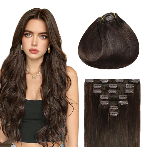 Miniatura 16 de Sunya Extensiones de cabello humano real con clip, color negro azabache, doble trama, lacio, 12 pulgadas, #1, 8 unidades, 3.53 oz