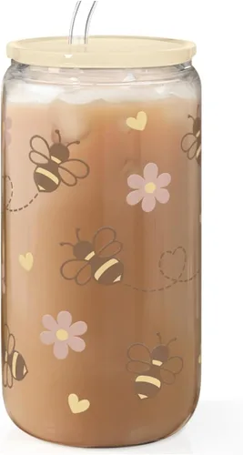 Miniatura 37 de SANDJEST Vaso de Vidrio con Margaritas en Patrón de Tablero de Ajedrez, Taza Floral a Cuadros con Tapa y Pajita, Tazas Estéticas de Café Helado