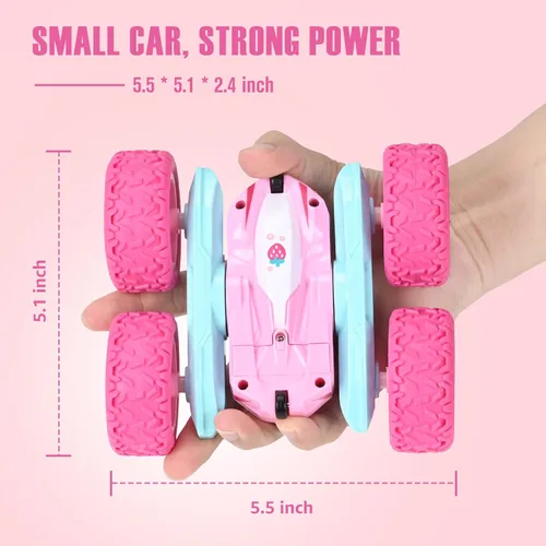 Miniatura 7 de Automóvil a control remoto, camiones RC rosas para niñas, camión RC recargable, juguete de auto de acrobacias de doble cara de 2.4Ghz rotación 360°