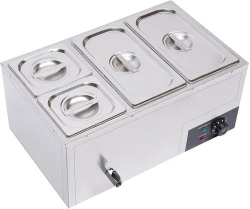 Bain Marie Buffet - Mesa de vapor eléctrica de 4 bandejas de 850 W, calentador de alimentos con tapas, acero inoxidable, comercial, capacidad de