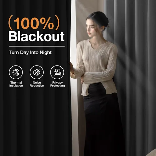 Miniatura 2 de Rinwoc - Cortinas 100% opacas gruesas y suaves de 2 paneles para dormitorio, aspecto de lino texturizado, bloqueo total de luz, cortinas