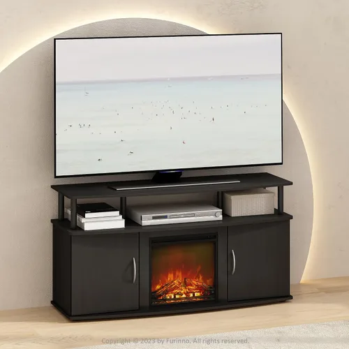 Miniatura 3 de Furinno Jensen - Soporte para TV con chimenea y centro de entretenimiento con almacenamiento abierto para TV de hasta 55 pulgadas, color gris roble