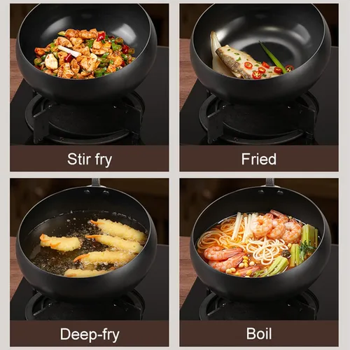 Miniatura 10 de Wok de acero al carbono, woks de 11 pulgadas y sartenes para freír con tapa de vidrio, wok antiadherente de fondo plano, pequeño wok chino hecho a