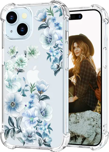 Miniatura 19 de Hungo Funda compatible con iPhone 15 Plus para mujer, diseño floral transparente, lindo, flor azul rosa Rosas Azules