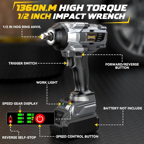 Miniatura 8 de DIYtoolifz Llave de impacto inalámbrica de 1/2" compatible con batería Dewalt 20v (herramienta básica), controlador de impacto de alto par de 1000