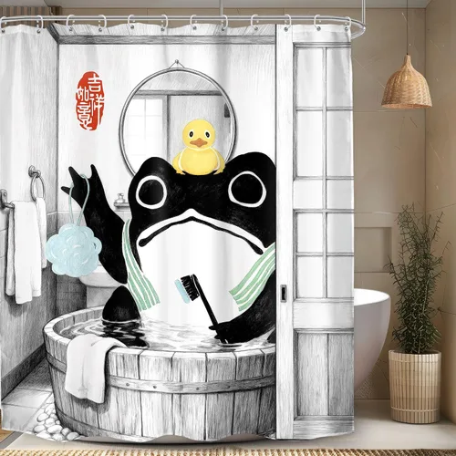 Miniatura 11 de Juego Divertido de Cortina de Rana Retro para Ducha, Juego de Baño 48x71 Pulgadas, Estilo Asiático Lindo, Arte Japonés Tradicional de Pato de Goma