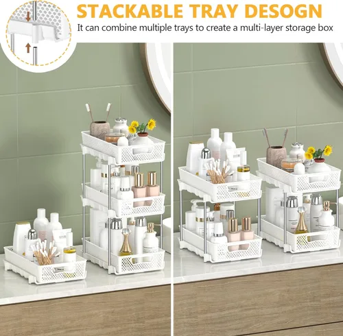 Miniatura 3 de DABIGE Paquete de 2 organizadores de baño extraíbles y almacenamiento, organizador de almacenamiento apilable de 2 niveles para baño, gabinete