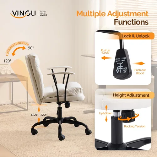 Miniatura 5 de VINGLI Silla de escritorio acolchada blanca con/sin ruedas, base doble, reposabrazos removibles, silla giratoria ajustable y cómoda para Blanco
