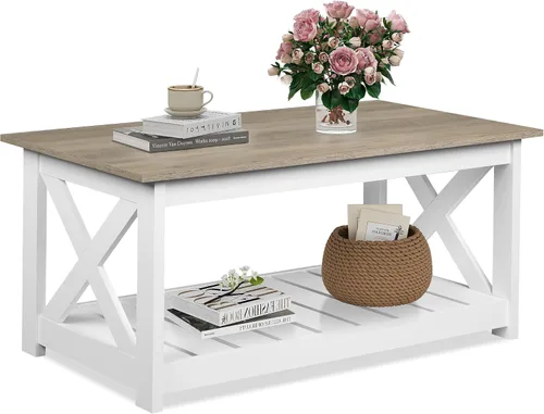 Miniatura 13 de WLIVE Mesa de Centro, Mesa de Centro Estilo Granja de 43" con Estante de Almacenamiento y Soporte Resistente en Forma de V, Mesa Central de Madera