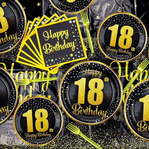 Miniatura 4 de Decoraciones de 18 cumpleaños para niños y niñas - 81 piezas de platos, servilletas, mantel, tenedores, decoración de fiesta negra y dorada, sirve