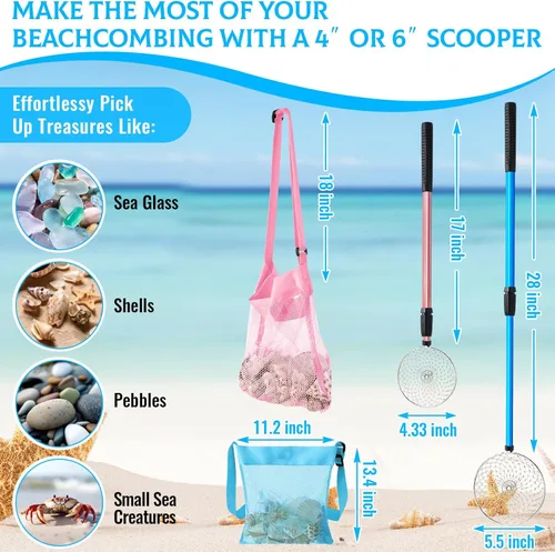 Miniatura 2 de Roshtia Paquete de 2 cucharas de tamiz de arena de playa con bolsas de concha, 18.5 a 30 pulgadas, tamiz de diente de tiburón adiustable, mango