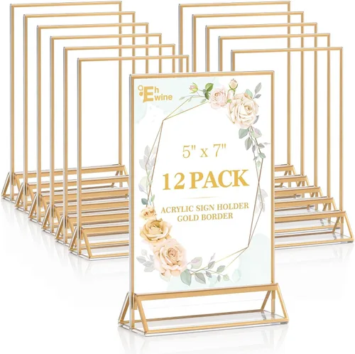 EHWINE Paquete de 12 soportes acrílicos para letreros de 5 x 7 pulgadas, soporte de marco de oro de doble cara, soportes de letreros de mesa con