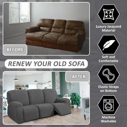 Miniatura 4 de ULTICOR - Juego de 8 fundas para sofá reclinable de jacquard, fundas para sofá reclinable elásticas para 3 cojines, gruesas, suaves, lavables Gris