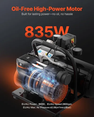 Miniatura 2 de VEVOR Compresor de aire, tanque de acero de 2 galones, compresor de aire libre de aceite de 1HP 2.1CFM a 90PSI y presión máxima de 120PSI, compresor