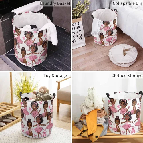 Miniatura 4 de Cesta de lavandería africana negra para bailar ballet, impermeable, plegable, falda rosa, lazo de estrella, bolsa de almacenamiento grande