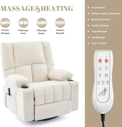 Miniatura 5 de Sillas Reclinables de Gran Tamaño para Adultos, Sillón Reclinable Giratorio Mecedora con Calor y Masaje Lazy Boy, Sillas Reclinables Asiento