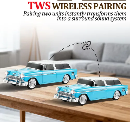 Miniatura 3 de WSTER Altavoz Bluetooth retro en forma de automóvil, calidad de sonido de alta definición, emparejamiento TWS, múltiples salidas de interfaz, Azul
