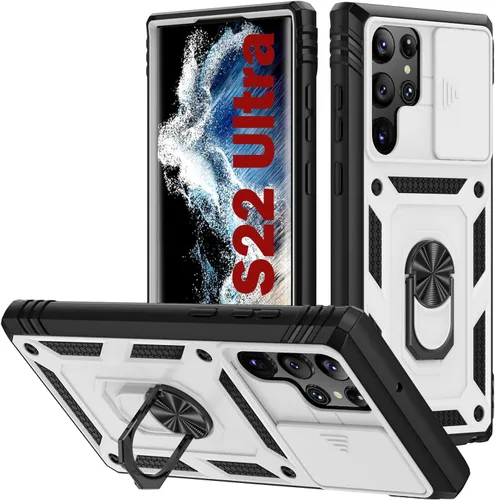 Miniatura 34 de PASNEW Funda para Samsung Galaxy S22 Ultra 5G, cubierta de cámara deslizante y soporte de dedo de metal giratorio de 360°, militar, resistente, a