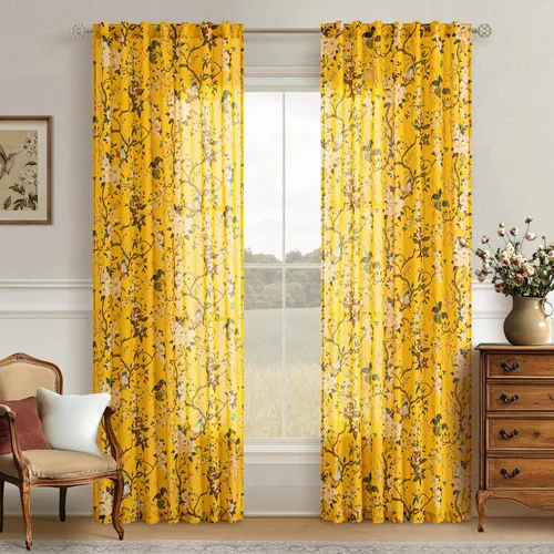 Miniatura 23 de Cortinas de lino florales azules y amarillas, estilo vintage, bohemio, de 63 pulgadas, 2 paneles con pestaña trasera para sala de estar