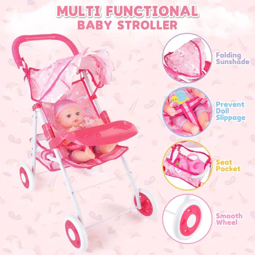 Miniatura 3 de deAO Juego de cochecito de muñeca de bebé de 12 pulgadas con cochecito de muñeca plegable, 15 piezas, accesorios para muñecas de bebé para niños
