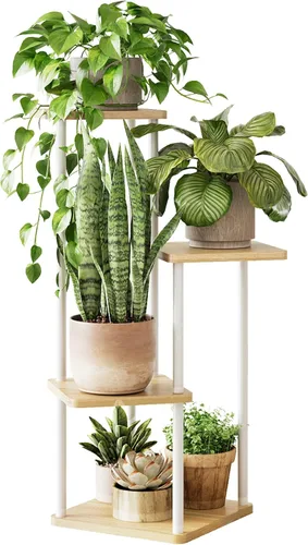 Miniatura 10 de GENTINGBRO Soporte alto para plantas de interior de 4 niveles para múltiples plantas, soporte de madera para plantas, estante de madera, estantería