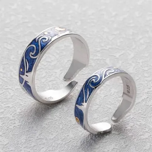 Miniatura 4 de 2 anillos de estilo vintage Van Gogh cielo estrellado pareja noche estrellada Van Gogh anillos abiertos para mujeres niñas vintage plata ajustable