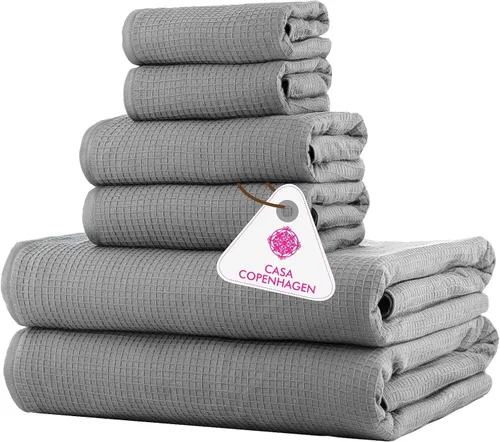 Miniatura 87 de CASA COPENHAGEN Juego de 6 toallas de palomitas de maíz, color azul polvoriento, 21.16 oz/m², 2 toallas de baño, 2 toallas de mano y 2 toallas