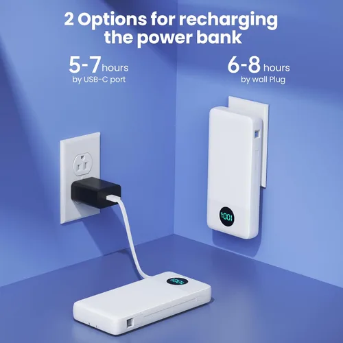 Miniatura 4 de Cargador Portátil 33800mAh Banco de Energía USB C con Cables Integrados y Enchufe de Pared CA, Carga Rápida 25W + QC 4.0 Cargador de Teléfono, Blanco