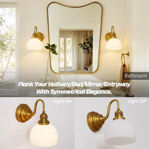 Miniatura 7 de Apliques de Pared Dorados, Luz de Tocador de Baño Cableada con Cuenco Rayado de Vidrio Esmerilado, Lámpara de Pared Montada de Latón Vintage