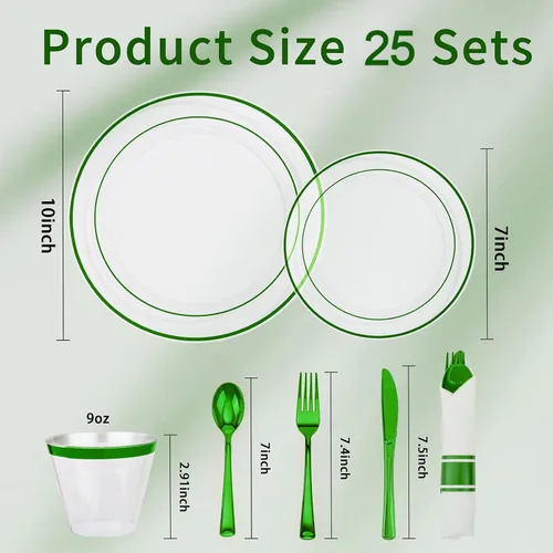 Miniatura 7 de I00000 - Juego de vajilla de plástico verde de 210 piezas para 30 invitados Incluye: 30 platos de cena transparentes de plástico verde, 30 platos