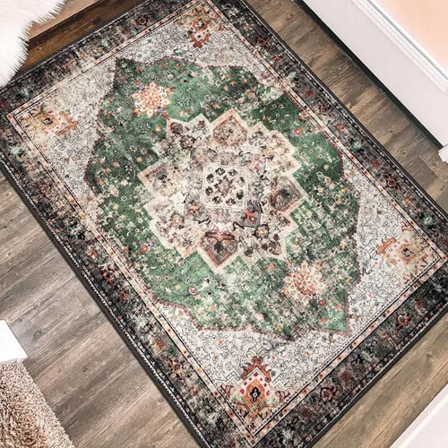 Miniatura 25 de Alfombra de área de 5 x 7 pies para sala de estar, alfombra verde boho antideslizante lavable, alfombra vintage de pelo bajo, alfombra grande