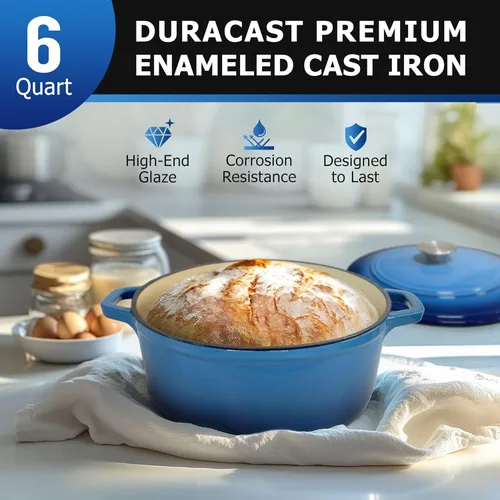 Miniatura 2 de MÜELLERHOME Horno holandés de hierro fundido esmaltado, 6 cuartos de galón, resistente, cazuela con tapa y perilla de acero inoxidable, para todas