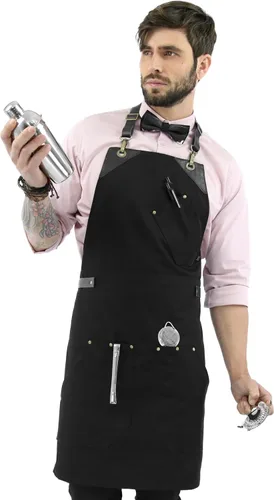 Miniatura 2 de Under NY Sky Delantal de barista, correas de cuero negro y refuerzo, bolsillos remachados, doble costura, lazo de anillo de cuero, sarga negra