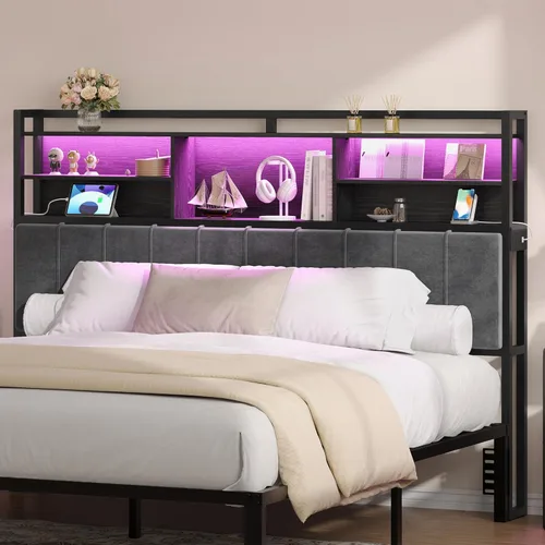 Miniatura 13 de Hzuaneri Cabecero con estantes de almacenamiento de 3 niveles, tablero de cabecera tapizado de terciopelo con 2 tomas, puertos USB y luz LED, Marrón