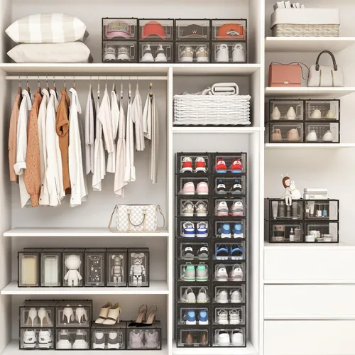 Miniatura 7 de Paquete de 12 cubos de almacenamiento de zapatos, organizador de zapatos apilable de plástico transparente para armario, zapatero plegable que