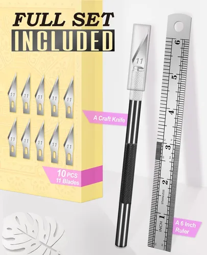 Miniatura 2 de DIYSELF Cuchillo para manualidades con 10 cuchillas adicionales #11, juego de cuchillos de precisión con regla de acero, cuchillo Exacto para Negro