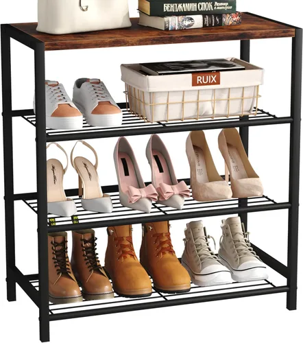 Miniatura 10 de Yusong Organizador de zapatos, estante industrial de almacenamiento de zapatos de 3 niveles para entrada de armario, estantes estrechos y Marrón