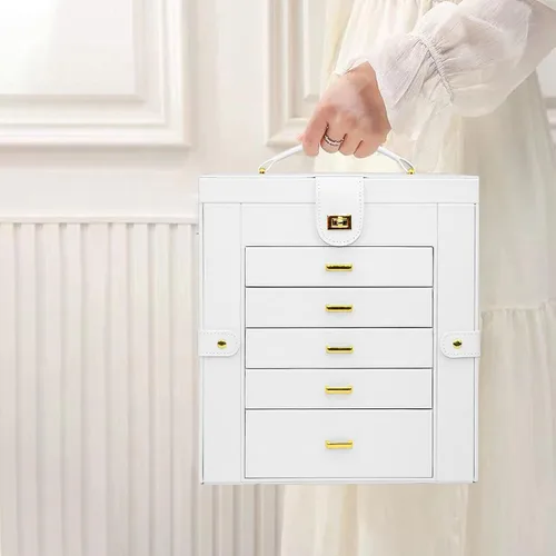 Miniatura 8 de AKOZLIN - Organizador de joyería extra grande de 6 niveles con espejo, estuche de joyería de cuero con 5 cajones para mujeres y niñas, para anillos