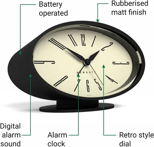 Miniatura 5 de NEWGATE® Ronnie - Reloj despertador, diseño retro ovalado, acabado de goma suave negro, ideal para mesita de noche, escritorio o estante, accesorio