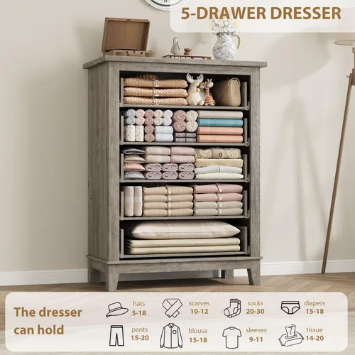 Miniatura 7 de GarveeHome Cómoda de 5 cajones verticales de 41.3 pulgadas de alto con gran almacenamiento, cómoda de madera independiente para dormitorio, sala