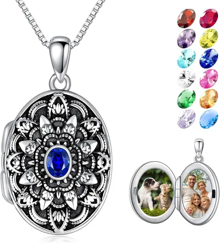 Shusukue Collar con medallón de forma redondacorazónovalada que sostiene imágenes, plata de ley 925, fotos de piedra natal personalizadas, colgante